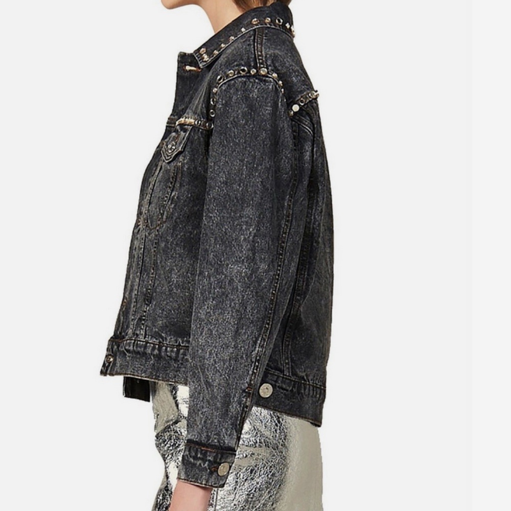 SANDRO Mirrored Studded Gray Washed Denim Jeans Jacket Cotton Size 38 - Picture 2 of 9